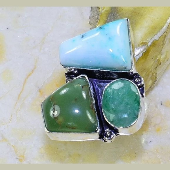 New Green Aventurine, Dendritic Opal, Emerald 925 Silver Ring. - Picture 4 of 5